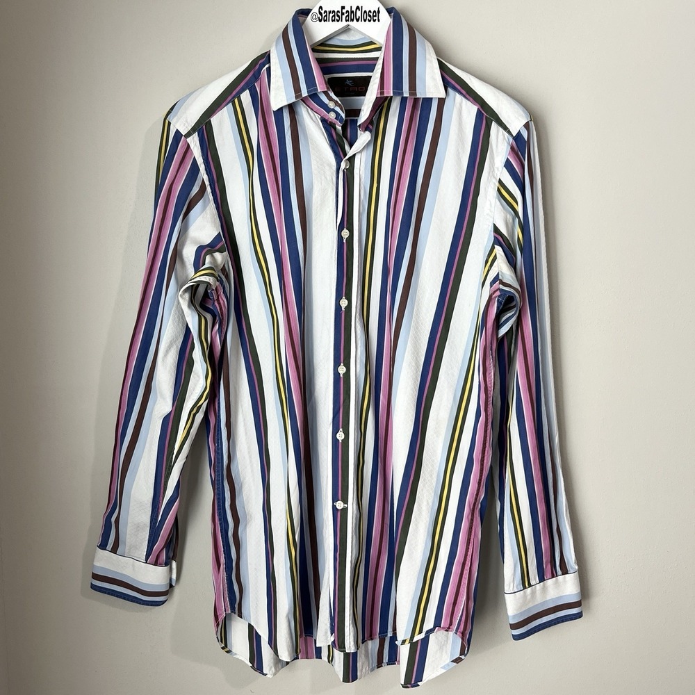 ETRO MILANO EU 40 Mens Medium Multicolored Striped Long Sleeve Button Down Shirt